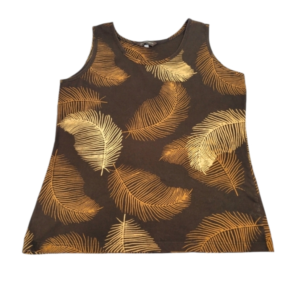 Caribelle Batik Tank Top Sleeveless Brown Leaf/Feather Design Large